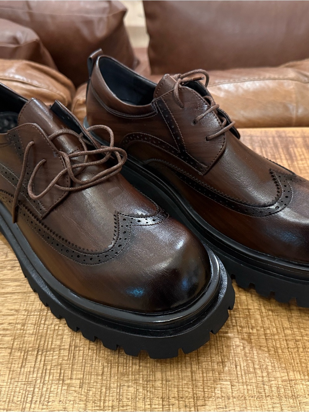 Men's Brown Leather Wingtip Derby with Lug Sole new